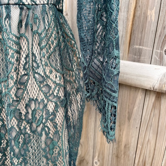 Love Fire Green Lace Long Sleeve Dress with Nude Underlay - Picture 3 of 8